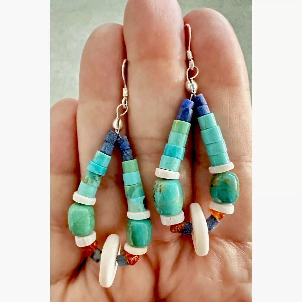 Genuine Gemstone Heishi Beaded Earrings Handmade Turquoise & Lapis Navajo Design